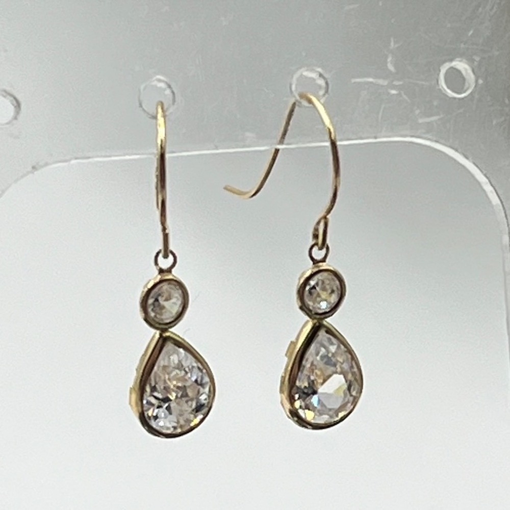 IM 14K Solid Yellow Gold Bezel Set CZ Pear & Round‎ Dangle Drop Earrings .89g